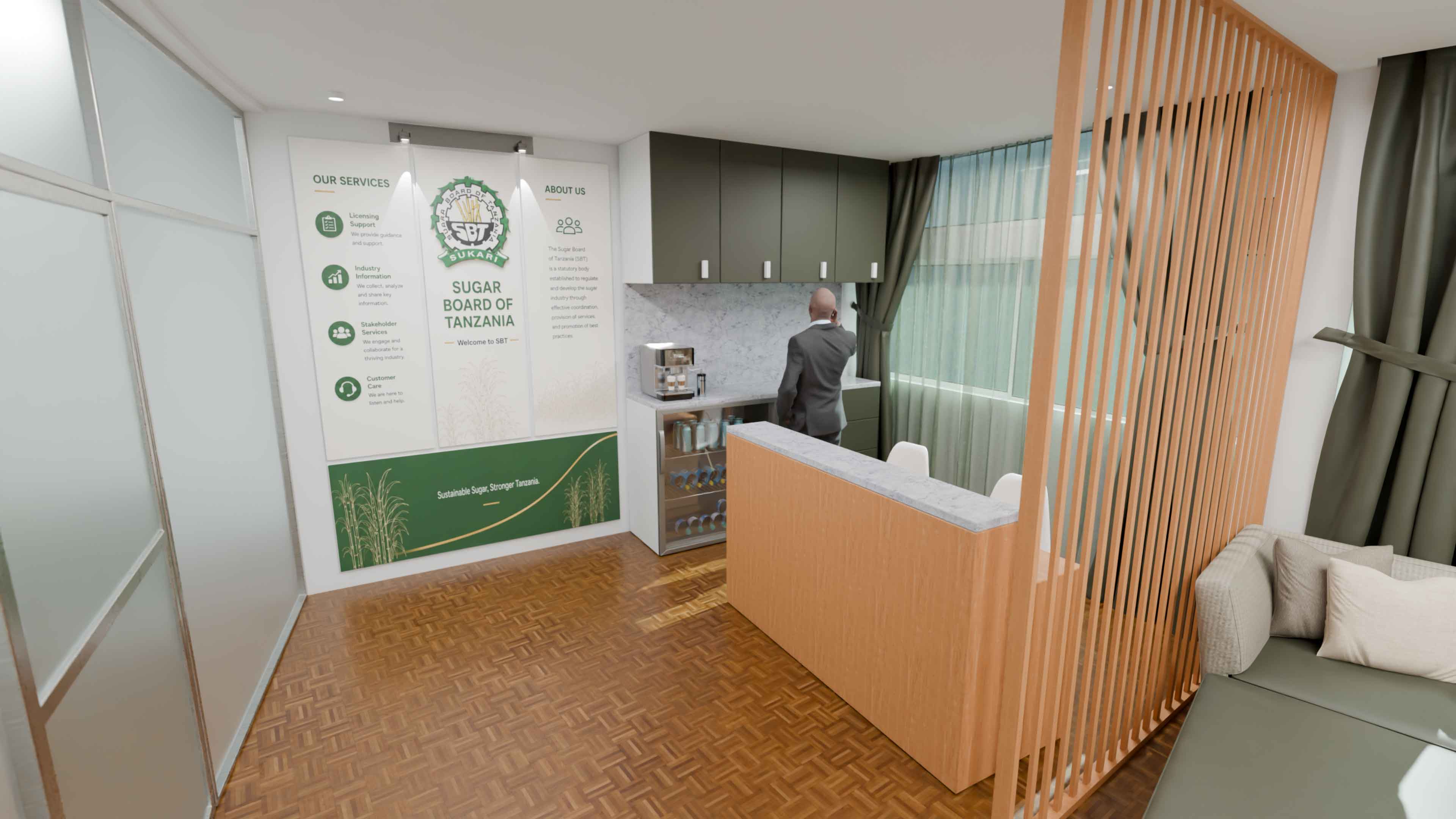Reception flow with semi-private lounge divider