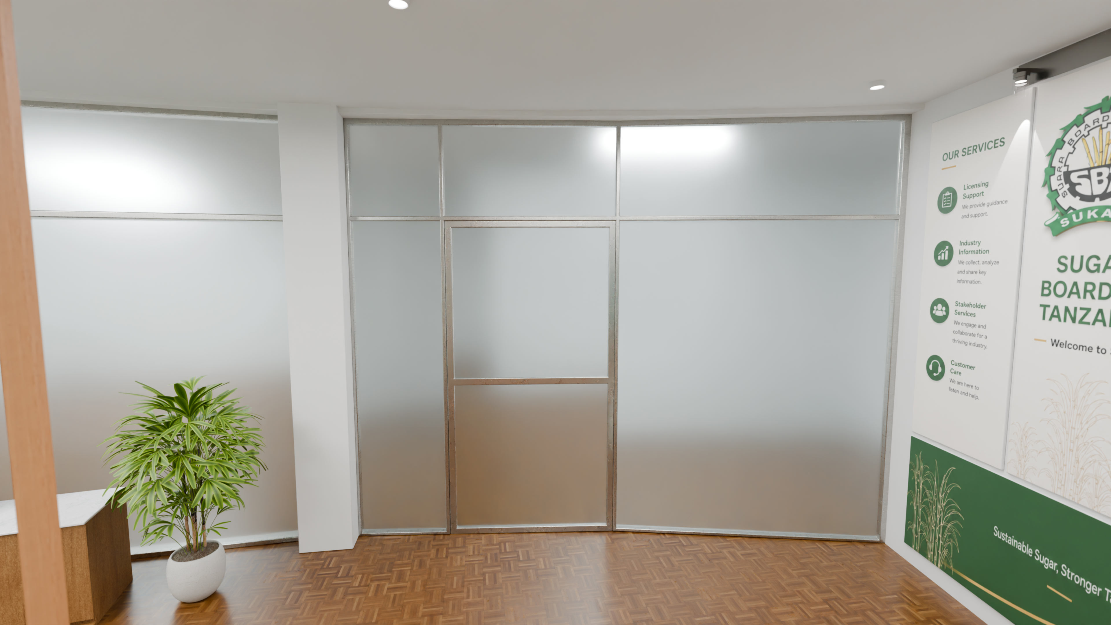 Clean entry wall and glass partition view