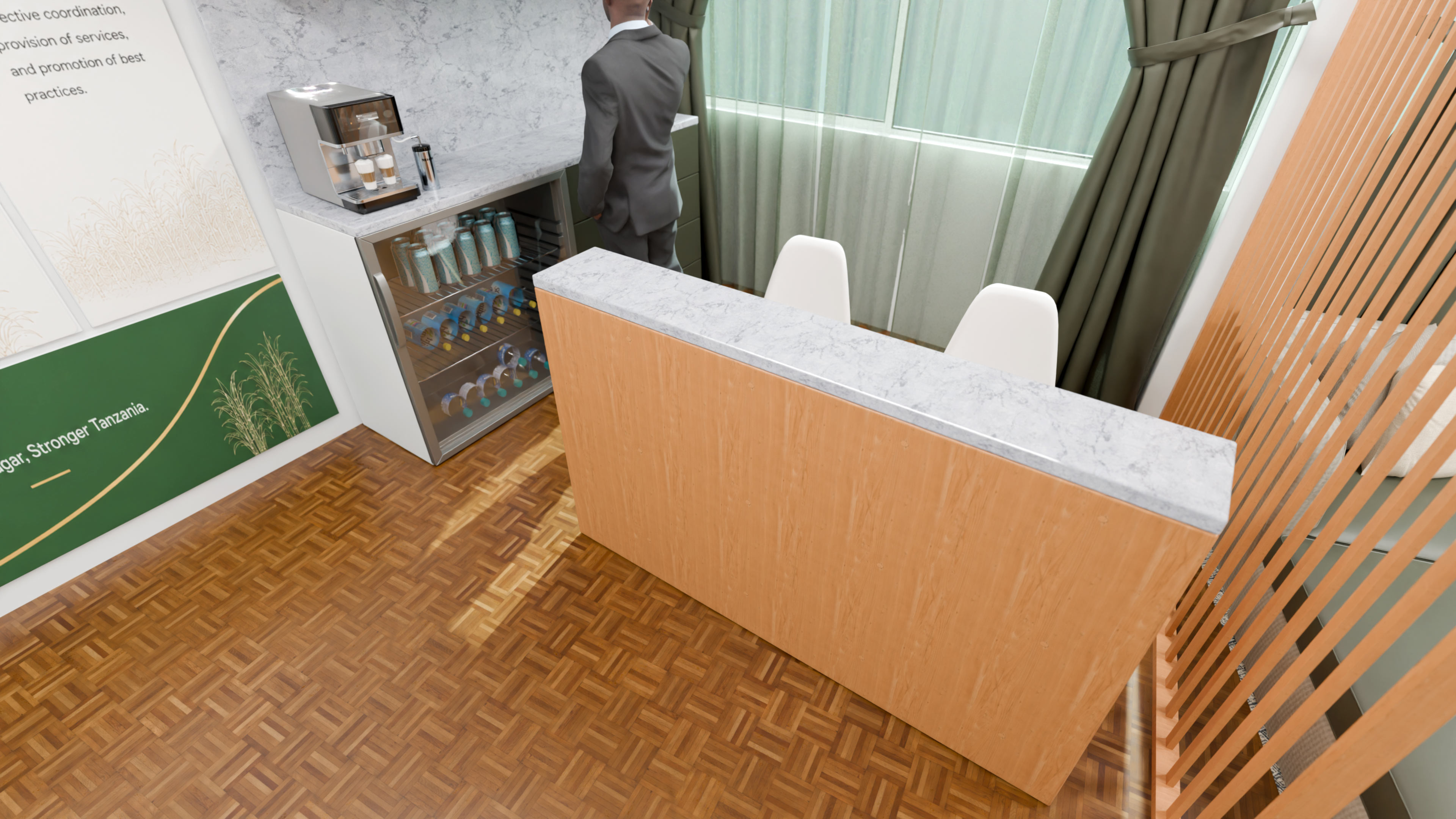 Reception counter and refreshment area from above